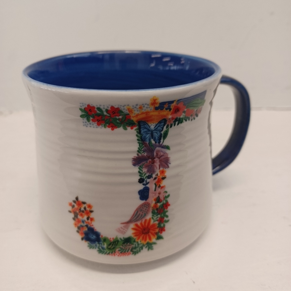 Anthropologie Initial J Monogram Floral Bouquet Bunny Easter Nathalie Lete Mug
